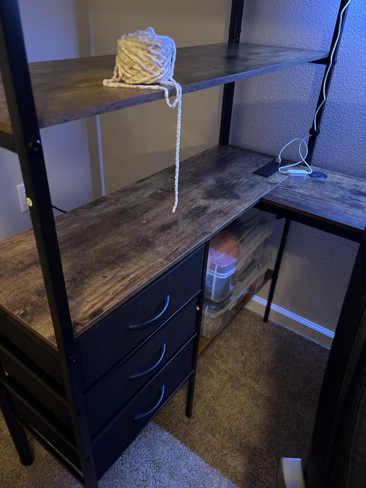 Twin Size Loft Bed with L-Shaped Desk, LED Lights, Charging Station, Industrial Heavy Duty Metal Loft Bed Frame with 3 Storage Shelves and 3 Fabric Drawers, Safety Guard & Ladder, Vintage Brown customer photo 1