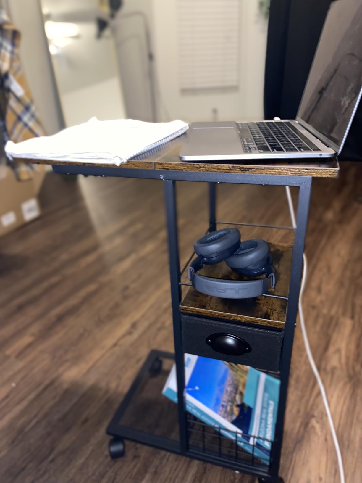 Rolling Side Table with Storage Drawer, White Bedside Table with Wheels, TV Tray for Sofa, Portable Desk on Wheels, Overbed Table for Bedroom, C Shaped End Tables Living Room customer photo 1