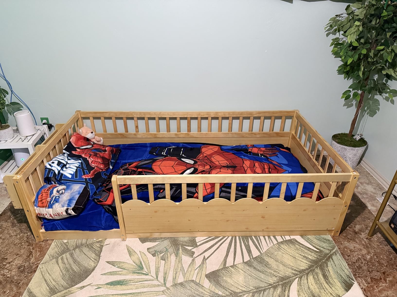 Montessori Floor Bed with High Rails,Twin Size Floor Bed Frame for Kids, LED Lights & Storage Shelf, Safe & Wider Opening Gate Design, Playground & Sleep Space for Girls Boys,Natural customer photo 2