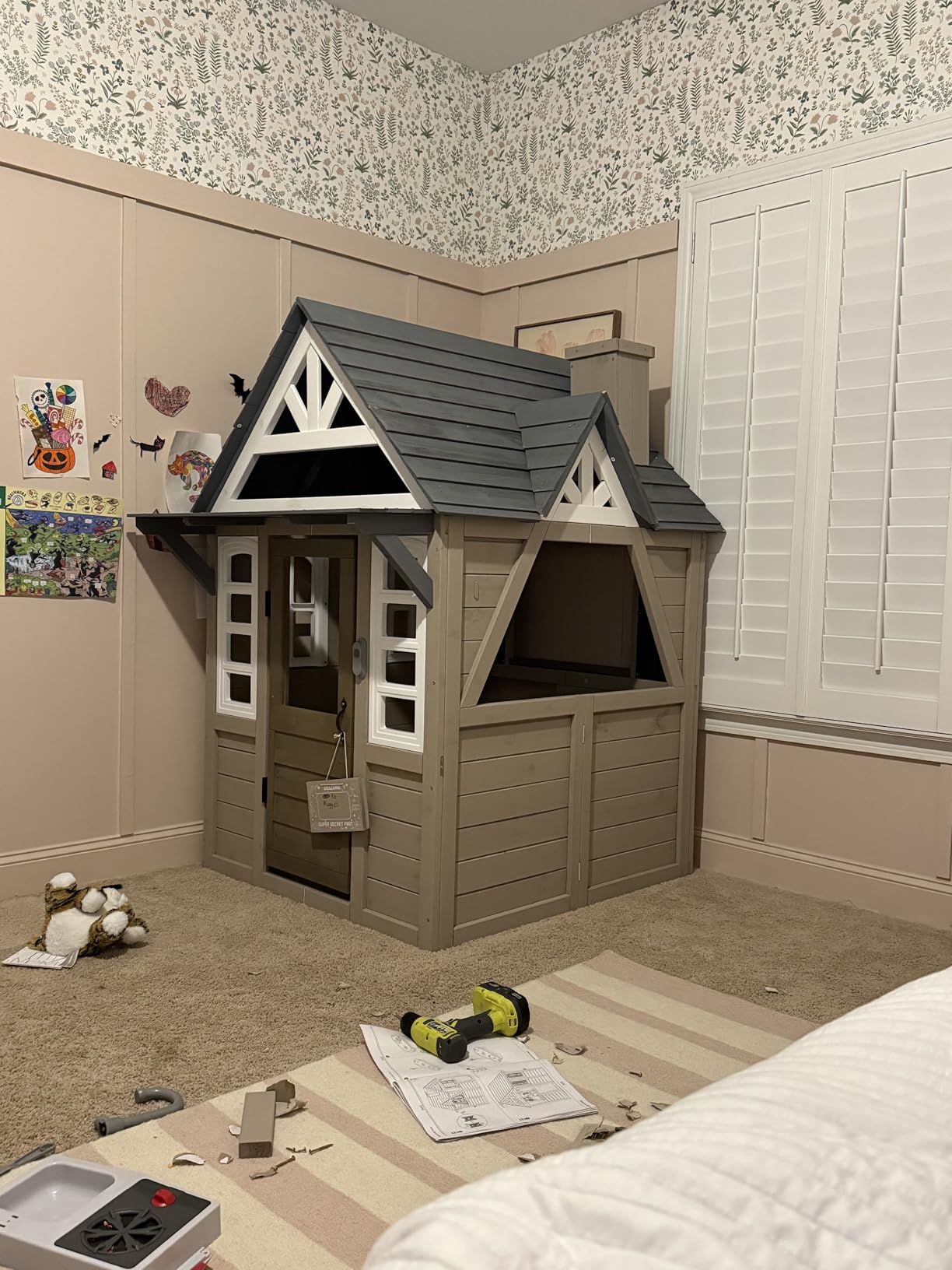 Seizeen Outdoor Play House for Kids, Fir Wooden Kids Playhouse Outdoor Indoor Cottage Toddler Playhouse with Kitchen, Dutch Door, Bench, Flowerpot Holders, Working Doorbell, Pet Hole, Clock (Brown) customer photo 2