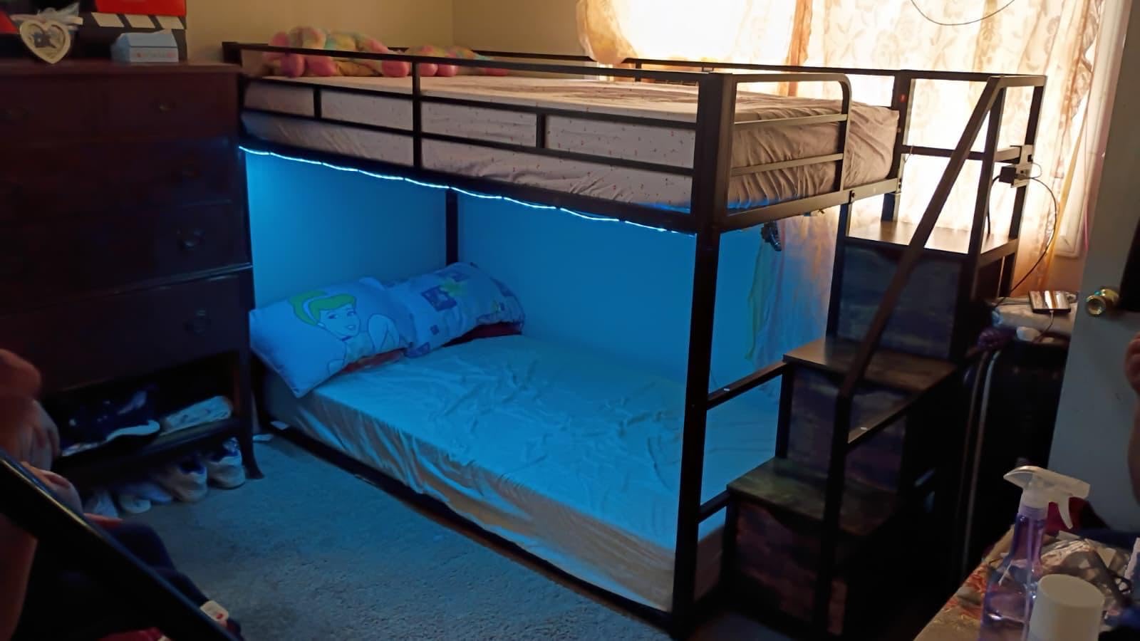 ADORNEVE Low Bunk Bed Twin Over Twin with Storage Stairs, White | 3 Drawers & Shelf, RGB Lights Metal Floor Bunk with Power Outlet, Safety Guardrail & Metal Slats, for Small Kids Bedroom customer photo 1