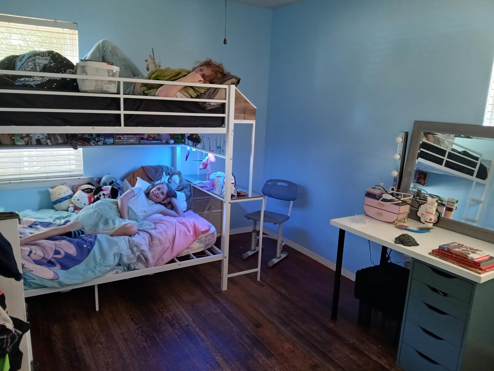 VIAGDO Bunk Bed Twin Over Twin with Charging Station and LED Lights, Heavy Duty Metal Bunk Bed with Desk and 3 Storage Drawers, Utility Storage Shelf and Boxes, No Box Spring Needed, White customer photo 2