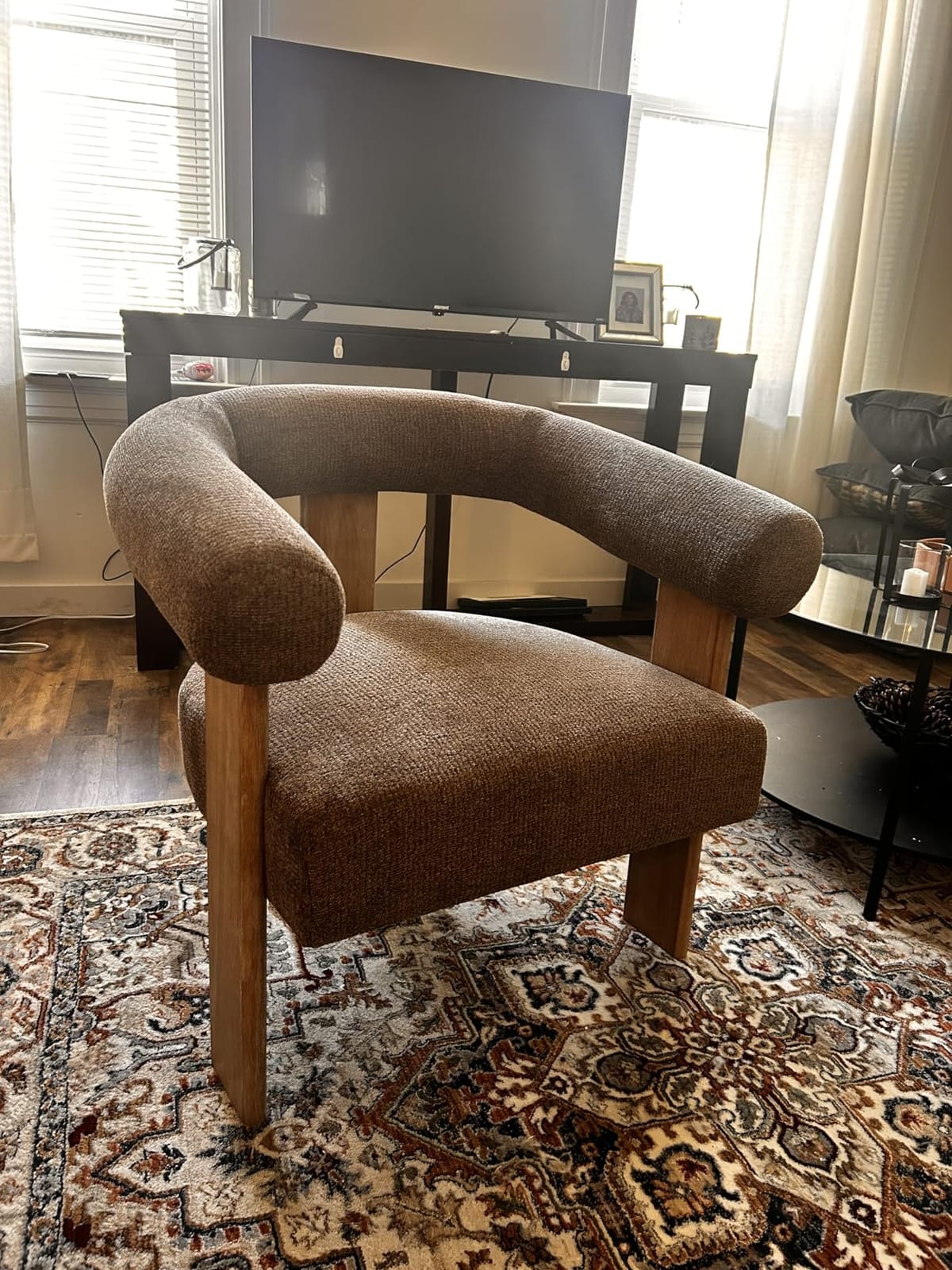 VKNOW Barrel Accent Chair with Armrests and Rubberwood Legs, Mid Century Modern Chenille Upholstered, Open Back, Brown customer photo 2