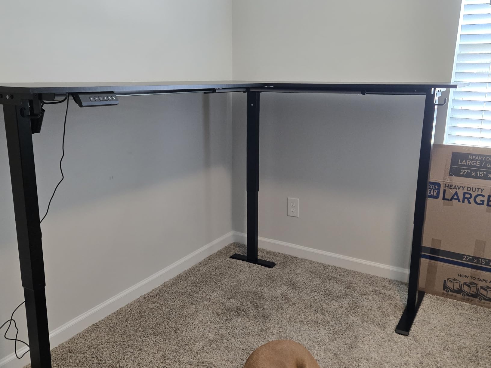 OffiGo 59 Inch L Shaped Electric Standing Desk with Drawers, Rustic Brown | Monitor Stand, Keyboard Tray, Fabric Drawer, Power Outlets, Height Adjustable Corner Stand Up Desk for Organized Home Office customer photo 2