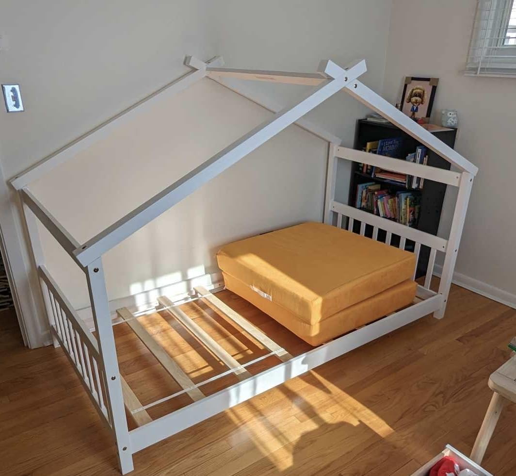 KOMFOTT Full Floor House Bed with Headboard & Footboard, Wood Floor Bed Frame with Roof for Boys & Girls, No Box Spring Needed, Wooden Montessori Bed Full Size (Natural) customer photo 2