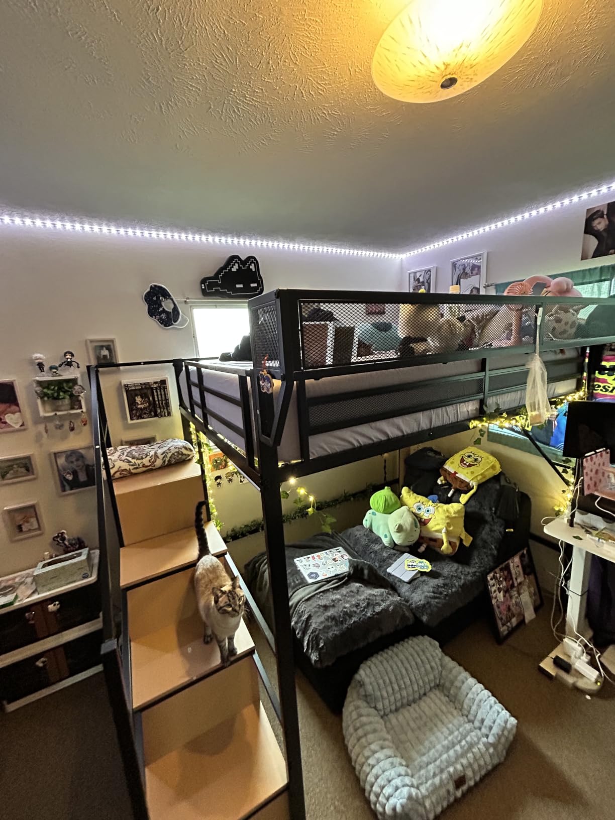 KEIKI Full Size Metal Loft Bed Frame with Convertible Staircase, Built-in Storage Shelves and Wardrobe, Loft Bed with Solid Slats, Guardrail, No Box Spring Required, Easy Assembly, for Bedroom, Black customer photo 2