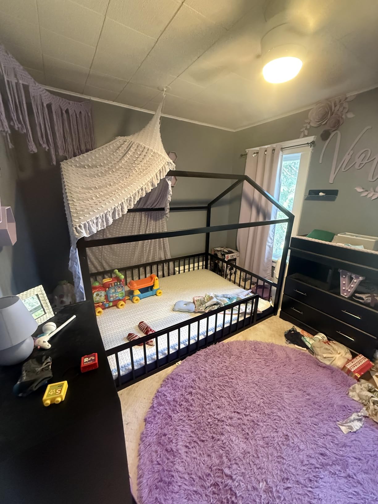 House Shape Full Size Montessori House Bed Metal Floor Bed Full Bed, Black | Sturdy Metal Frame House Bed Frame with Fence, Montessori Style No Slats Floor Bed, Easy Assemble, Canopy Not Included customer photo 1