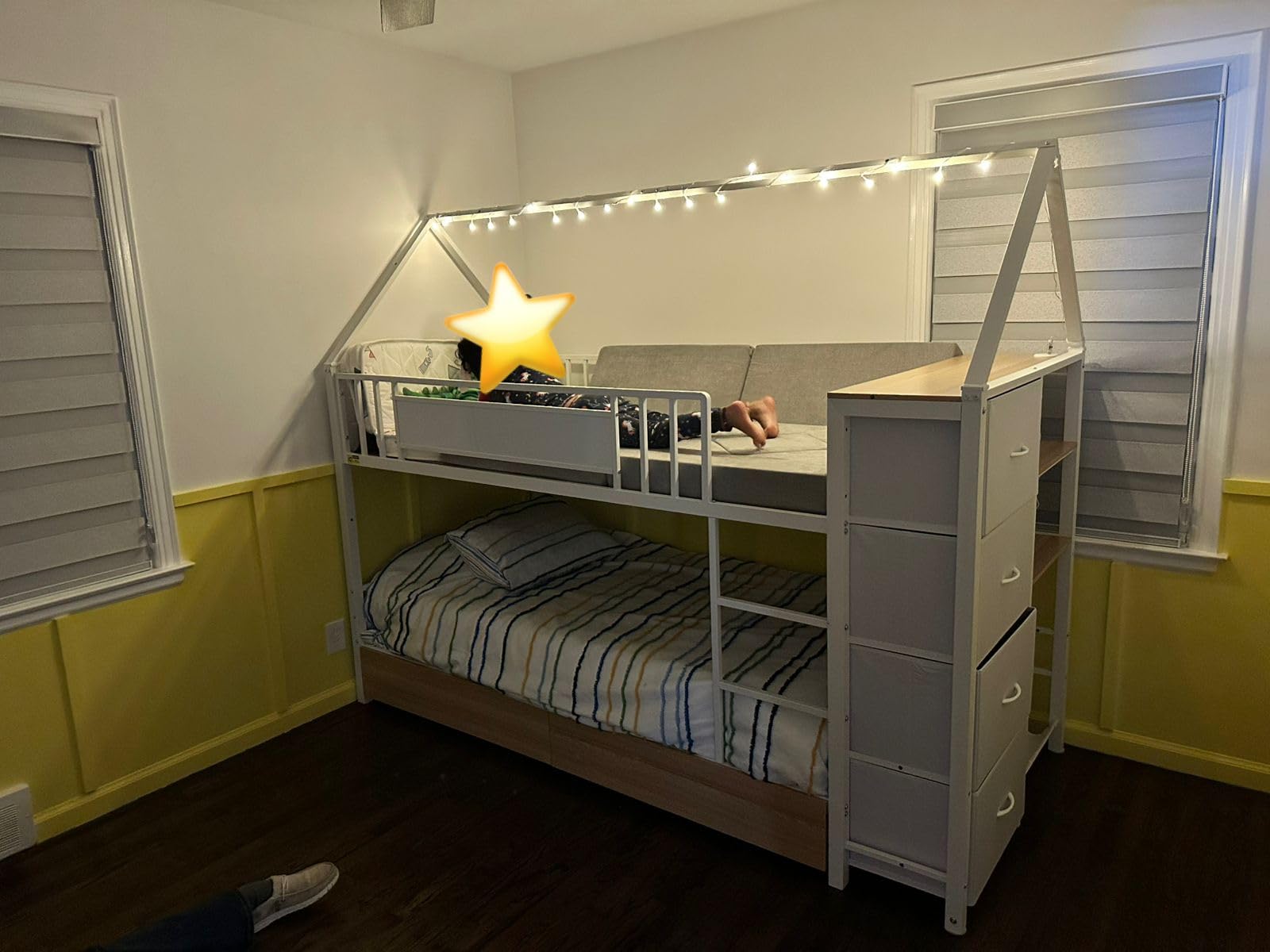 Twin Over Twin Bunk Bed with 6 Storage Drawers, Montessori Bookshelf, White customer photo 2