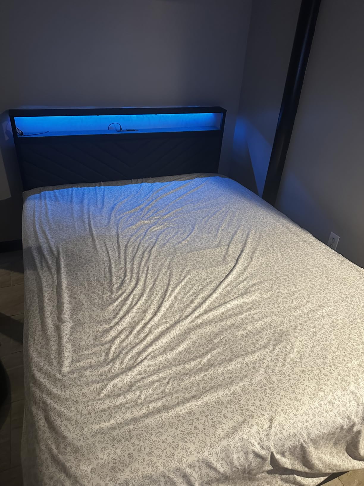 Fluest Queen Bed Frame with 2 Drawers, Upholstered Headboard with Storage and Charging Station, LED Lights, Fabric Drawers with Wheels, Under Bed Storage, No Box Spring Needed, Easy Assembly, Grey customer photo 2
