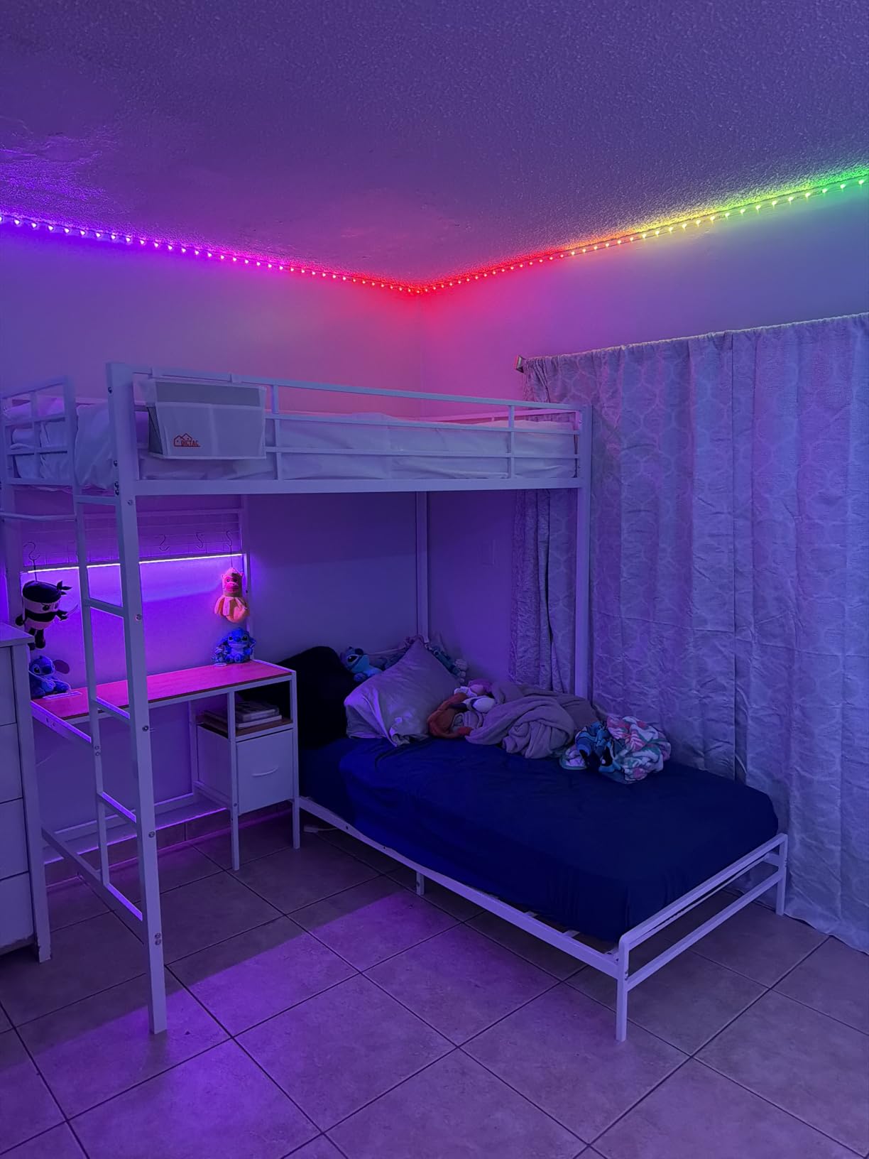 DICTAC Bunk Bed Twin Over Twin with Desk, Led Lights, Charging Station, White | Metal L-Shaped Twin Bunk Beds with Storage Drawers & Open Shelves, Kids Bunk Bed with Safety Guardrail & Stairs, Saving Space customer photo 1