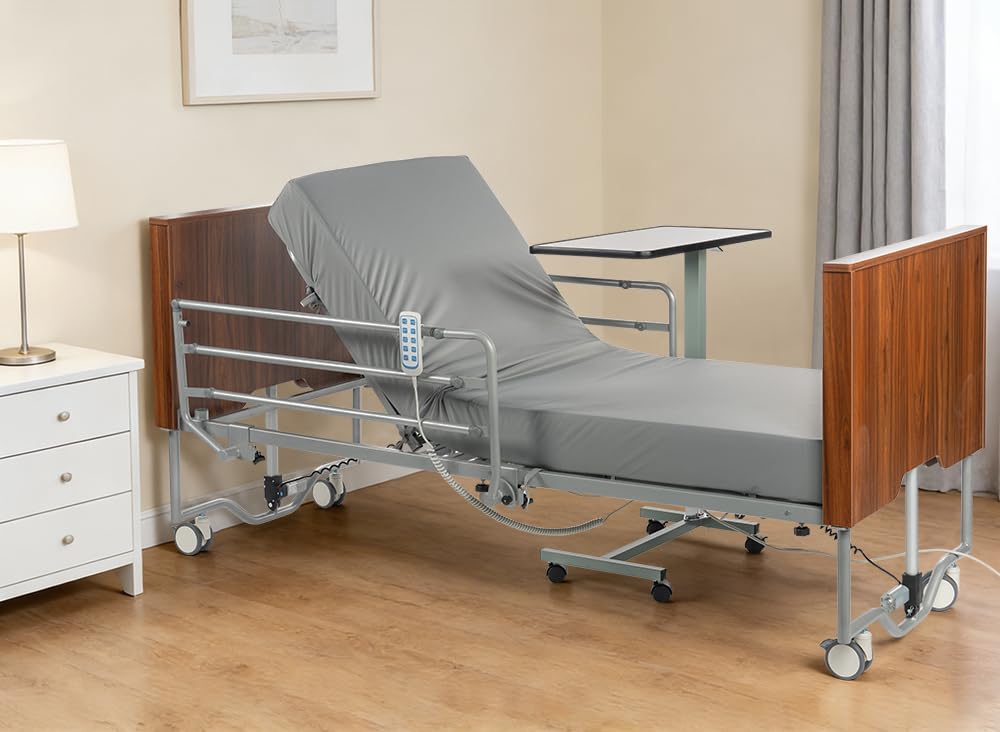 Hospital Bed with 5 Electric Functions, Ultra Low Electric Medical Bed with Movable Dining Table & 6