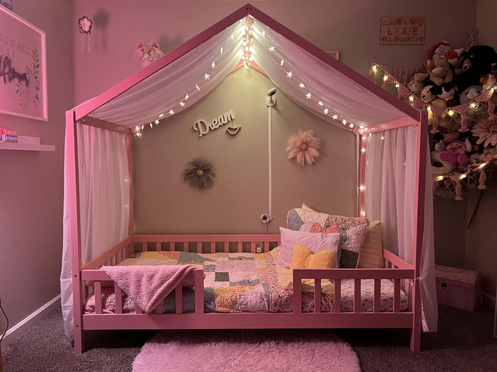 Full Montessori House Bed with High Rails, Wood Kids Low Floor Bed with Roof & Canopy, Montessori Kids Full Bed Frame for Girls, Boys, No Box Spring Needed, Natural customer photo 2