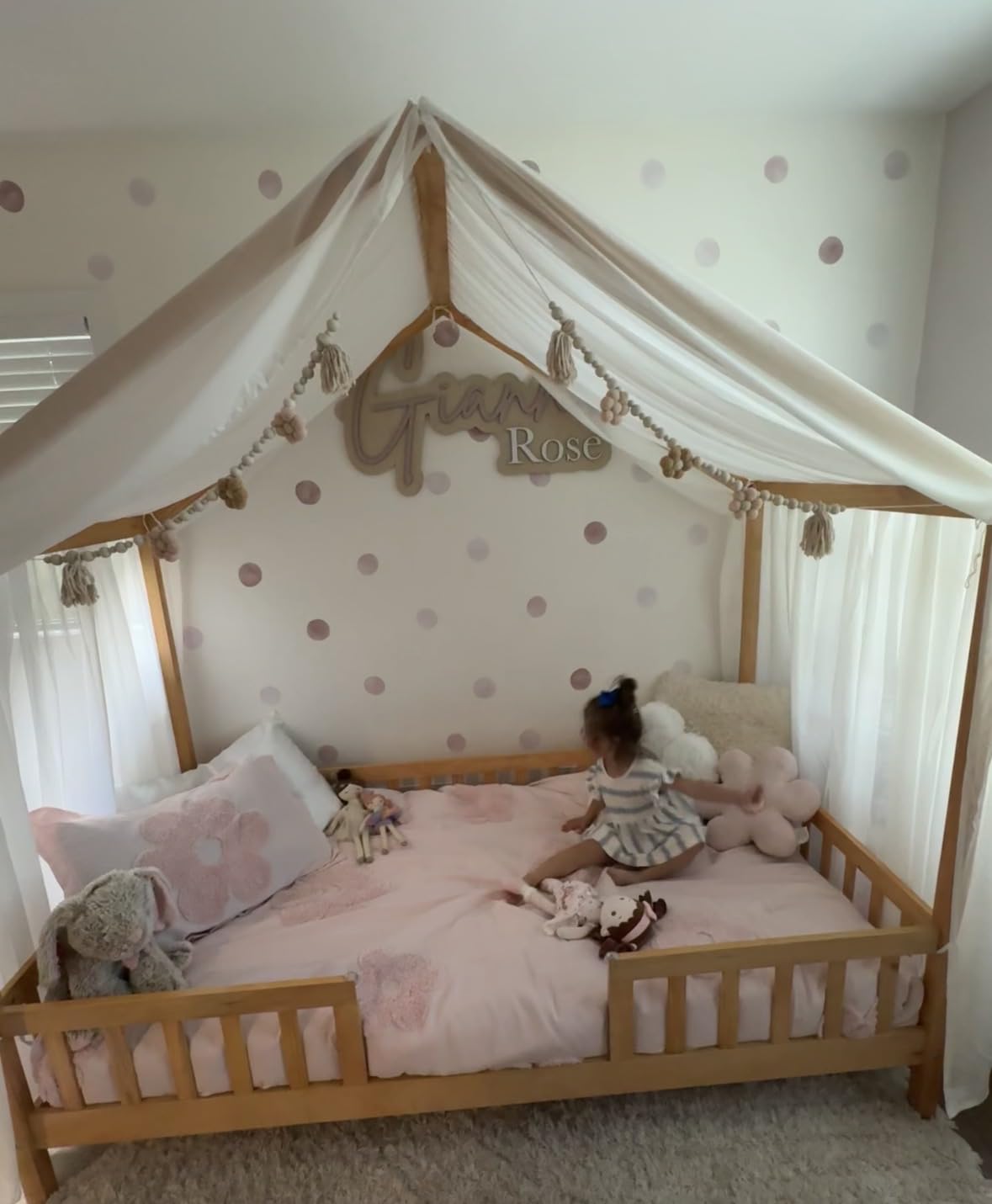 Twin Montessori House Bed with High Rails, Low Floor Beds with Roof & Canopy, Wood House Bed Frame for Boys Girls, No Box Spring Needed, Natural customer photo 2