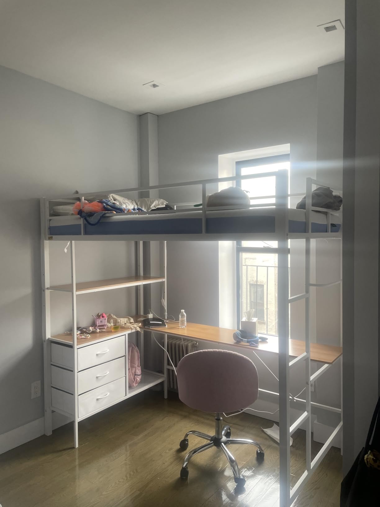DICTAC Loft Bed Full Size with U-Shaped Desk, 7 Storage Drawers and Charging Station, Metal Full Loft Bed with LED Lights and 2-tier Storage Shelves, loft full bed with Safety Guardrail and Ladders, White customer photo 1