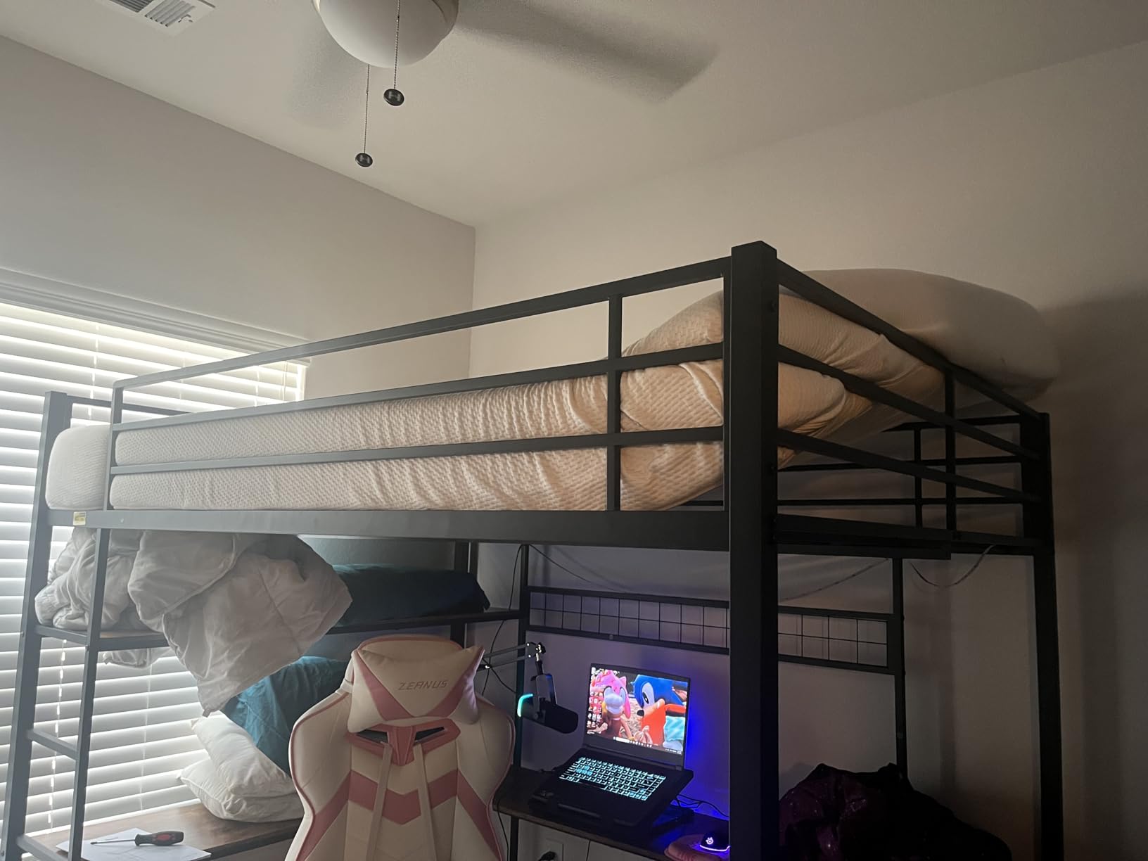 DICTAC Loft Bed Full Size with U-Shaped Desk, 7 Storage Drawers and Charging Station, Metal Full Loft Bed with LED Lights and 2-tier Storage Shelves, loft full bed with Safety Guardrail and Ladders, White customer photo 2