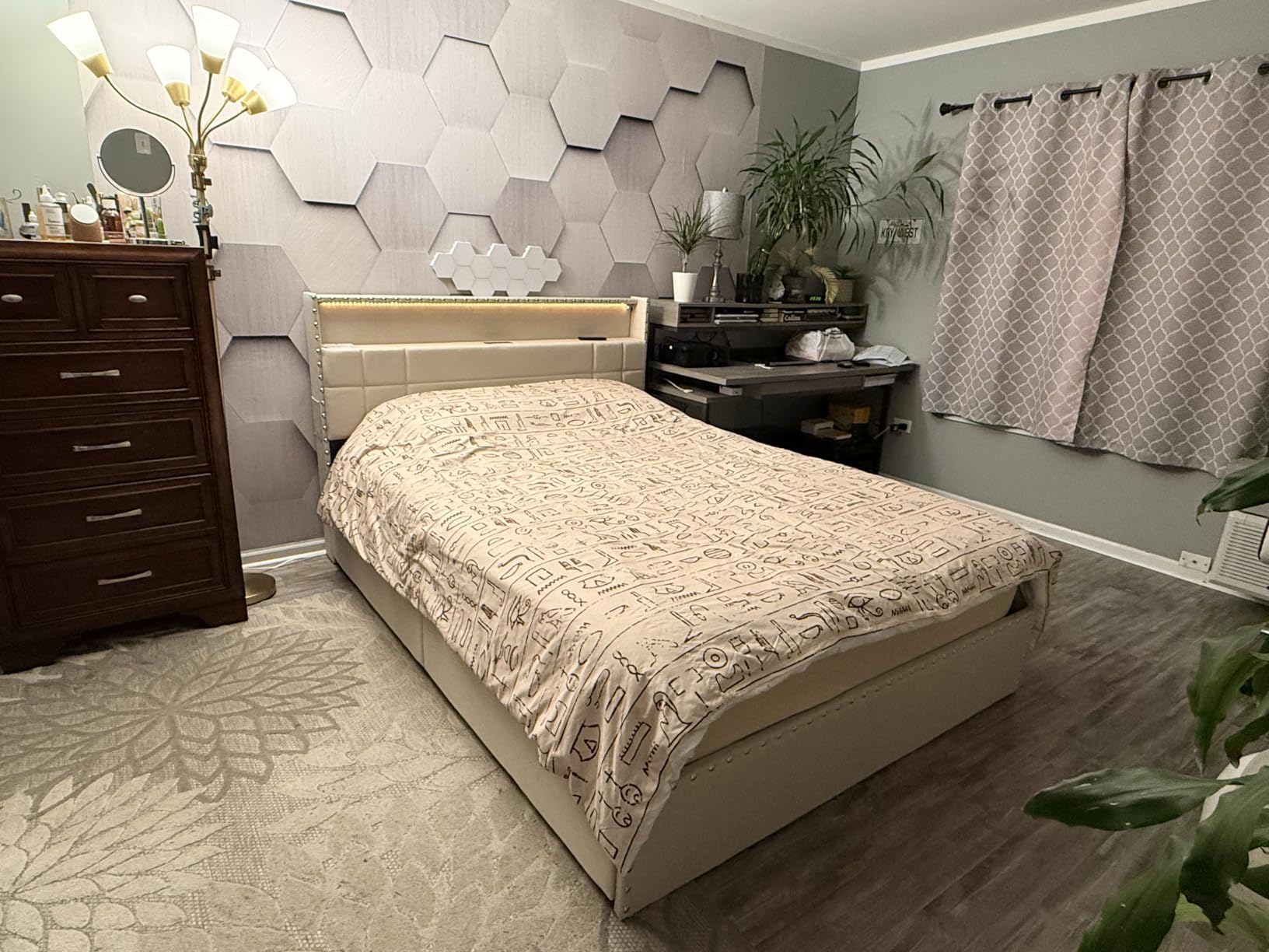 Forestell Queen Bed Frame with 4 Drawers & Storage Headboard, Beige | Upholstered beige design, 2-tier shelf & side pockets, no box spring, noise-free, easy assembly, RGB lights, USB+Type-C customer photo 2