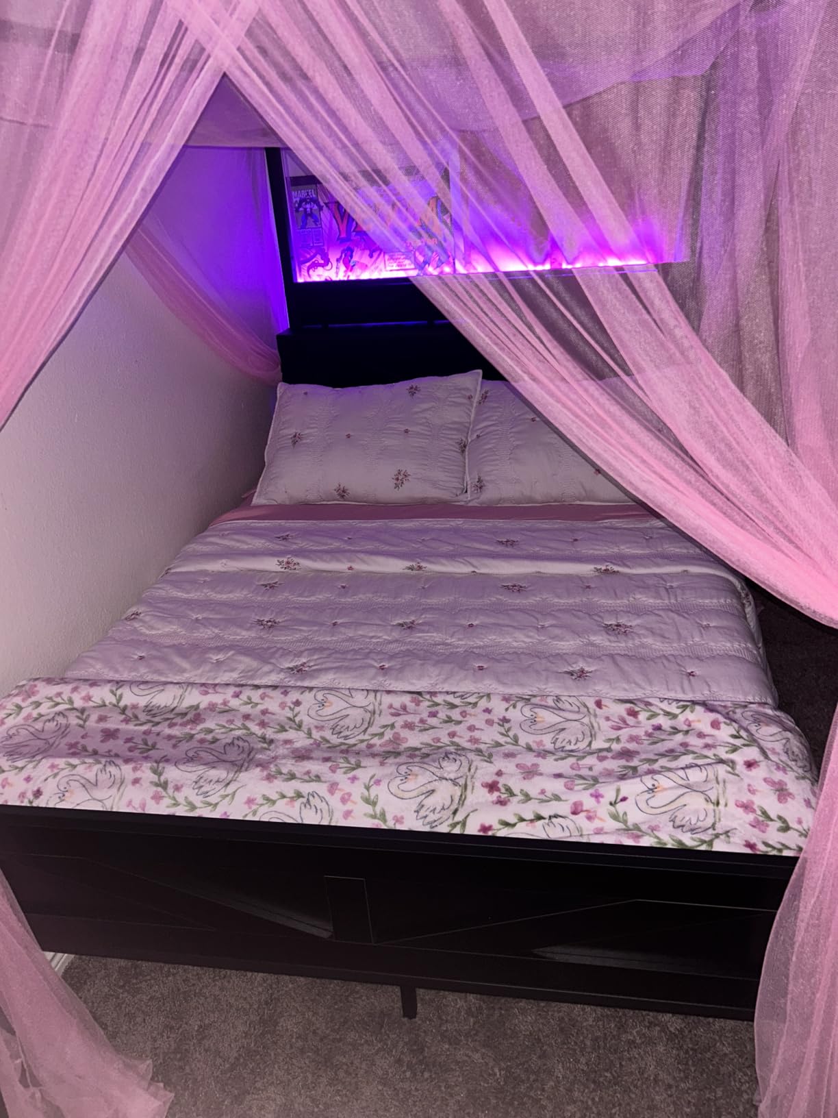 Canopy Bed Frame Queen Size with Barn Storage Headboard, Black | Vintage Farmhouse Four-Poster bed, LED & Charging Station, Under-Bed Storage Space, No Box Spring Needed, Easy Assembly customer photo 2