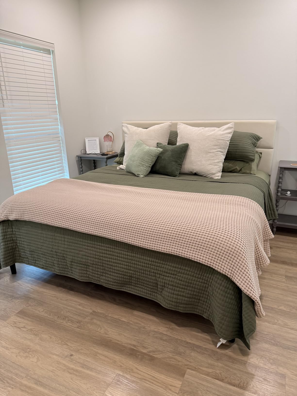 GRUSIGN Queen Size Platform Bed Frame with Velvet Headboard, Adjustable Height Wooden Slats Support, Beige customer photo 1