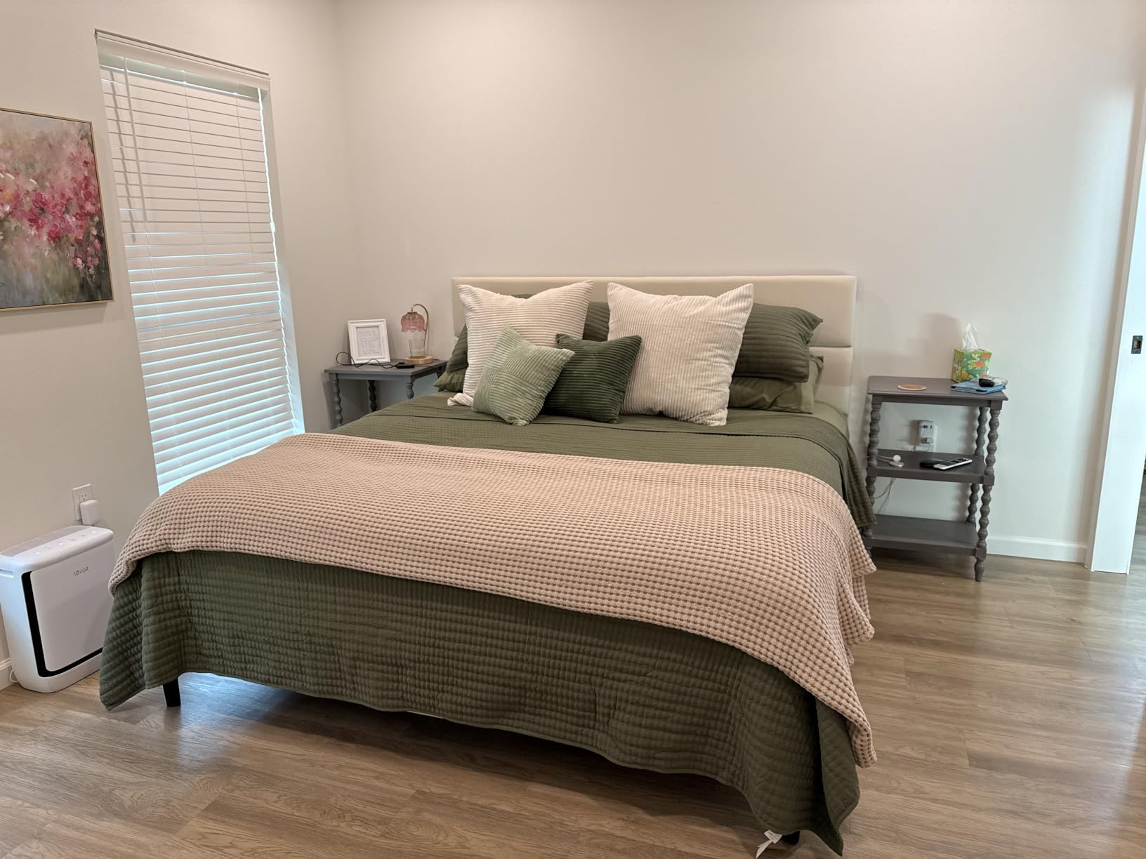 GRUSIGN Queen Size Platform Bed Frame with Velvet Headboard, Adjustable Height Wooden Slats Support, Beige customer photo 2