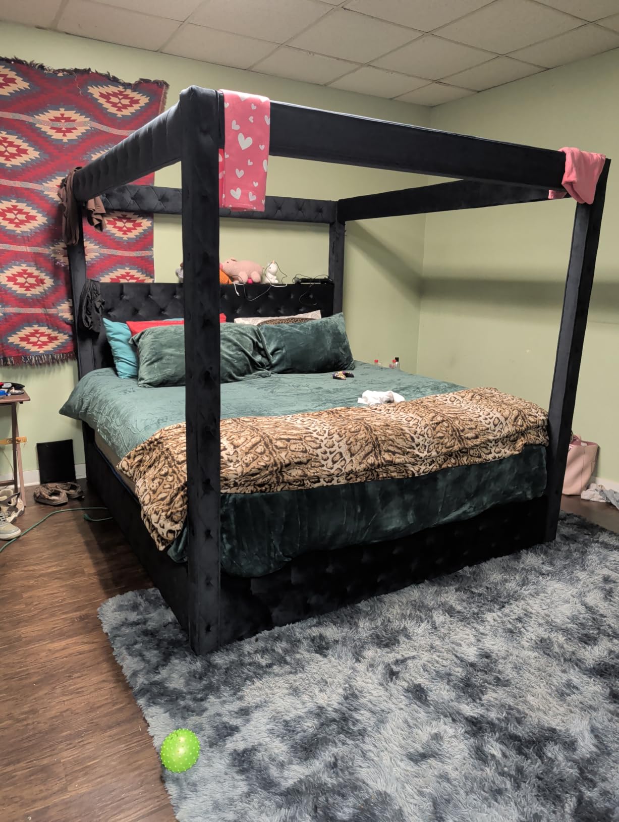Jocisland Queen Canopy Bed Frame Velvet Upholstered Headboard, Grey | 74.8