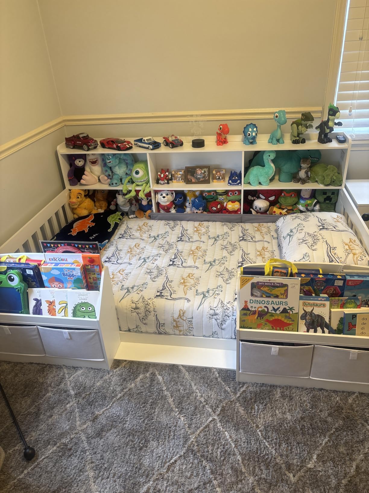 AOGLLATI Twin Floor Montessori Wooden Bed Frame for Toddlers, White | 4 Fabric Drawers, Both Sides Bookshelves, 2-Tier Side Storage Shelf, Side Pockets and Rails, Without Slats, for Kids customer photo 1