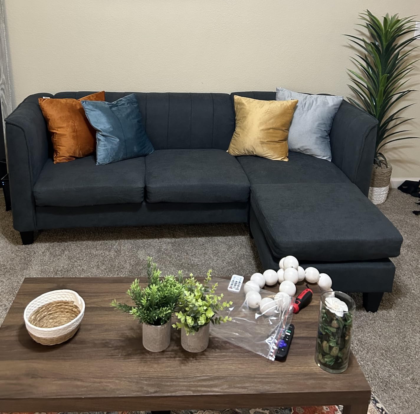 Shintenchi Modern Upholstered Sectional Sofa, L-Shaped Couch with Storage Ottoman and Reversible Chaise, Carbon Black Corduroy Fabric customer photo 1