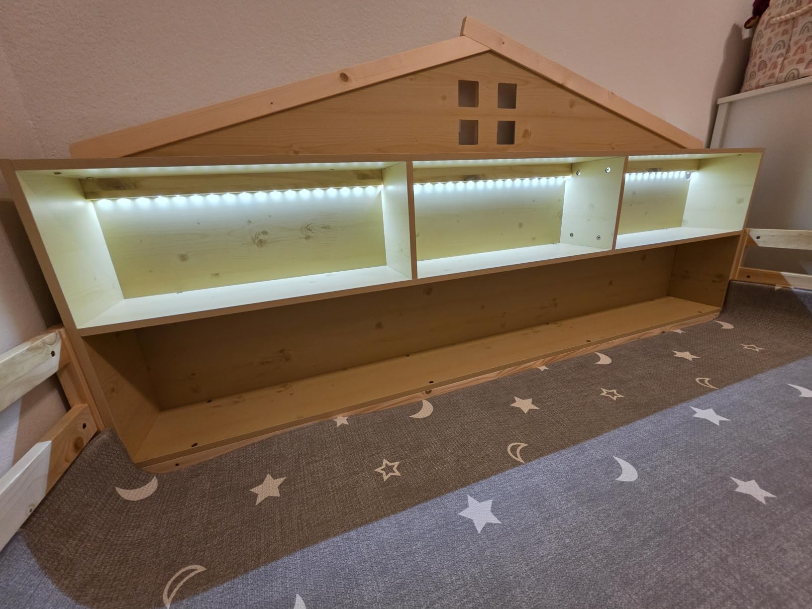 Giantex Full Size Montessori Floor Bed with LED Lights, 2-in-1 Wooden House Bed Frame with Safety Guardrails, Storage Compartments & Shelf, No Box Spring Needed, Without Slats, Grey customer photo 1