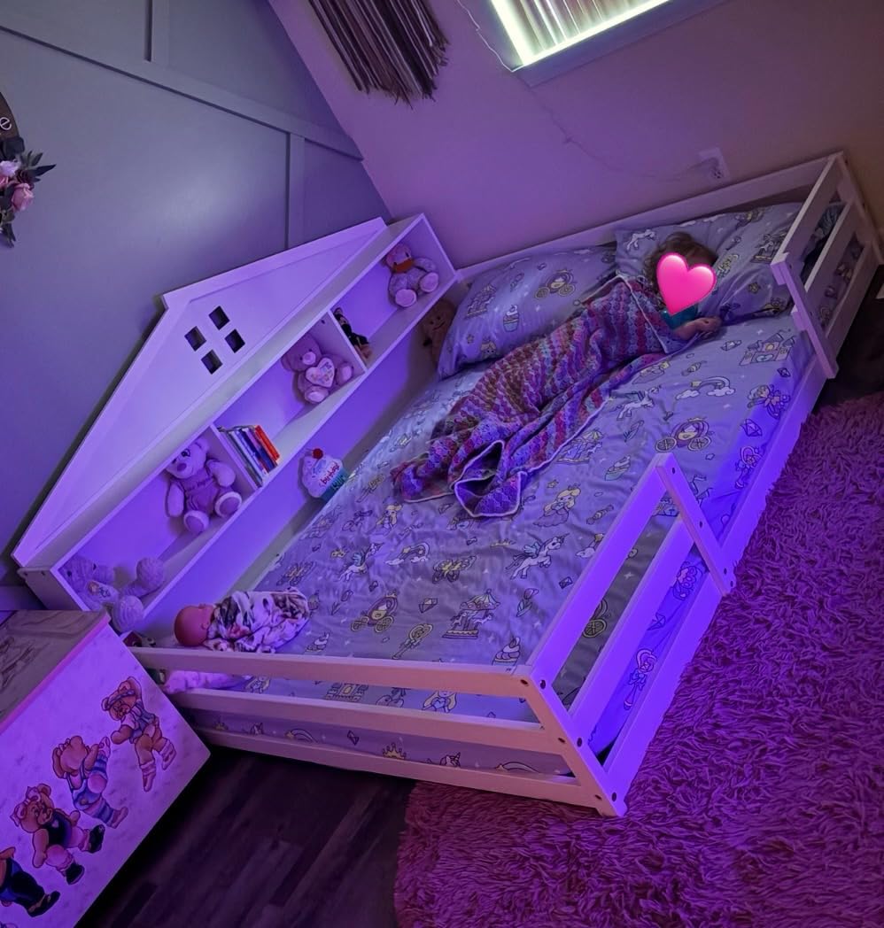 Giantex Twin Size Montessori Floor Bed with LED Lights, 2-in-1 Wooden House Bed Frame with Safety Guardrails, Storage Compartments & Shelf, No Box Spring Needed, Without Slats, Grey customer photo 2