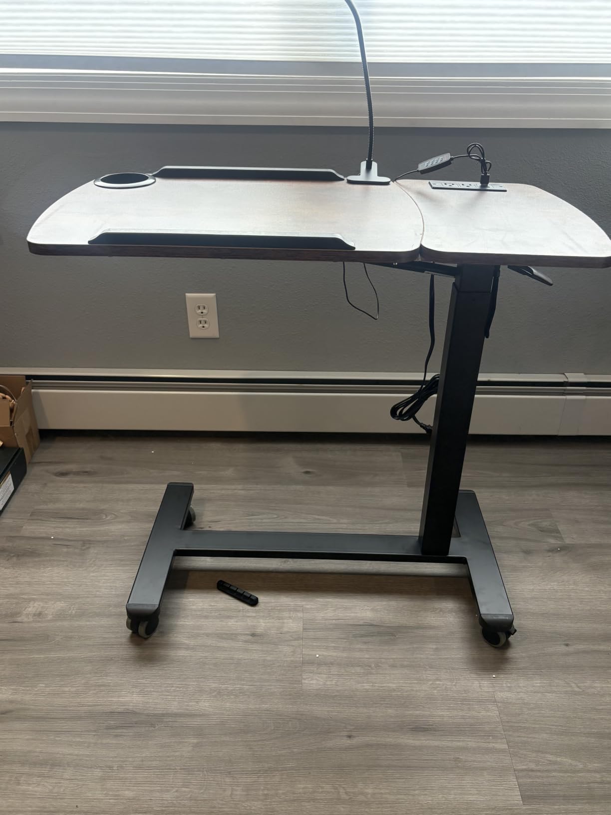 Overbed Table with Wheels Adjustable Height, Foldable Over Bed with 360 Swivel Tilt, Charging Station, LED Light, Rolling Bedside for Hospital, Couch Home & Office (Rustic Brown) customer photo 1
