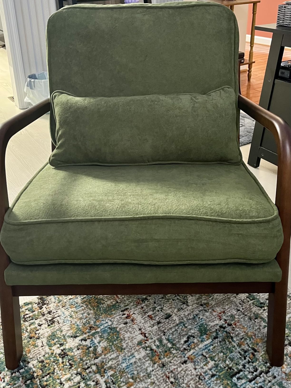 DUMOS Mid Century Modern Accent Chair, 16'' Seat Height Cozy Lounge Chair | Upholstered Armchair with Waist Cushion and Wood Frame for Living Room, Bedroom, Reading Nook, Home Corner, Balcony, Beige customer photo 1