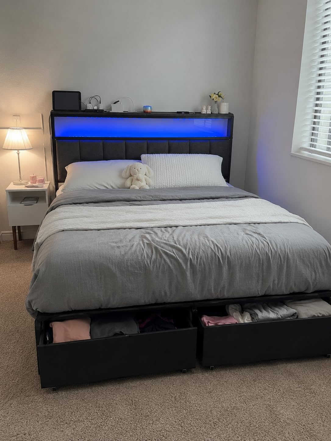 Queen Bed Frame with 2 Storage Drawers, Grey Upholstered | Headboard with Charging Station and LED Lights, Metal Platform Bed with Storage Shelf, Noise Free, No Box Spring Needed customer photo 1