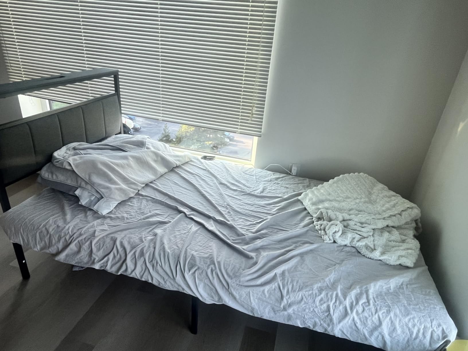 Queen Bed Frame with 2 Storage Drawers, Grey Upholstered | Headboard with Charging Station and LED Lights, Metal Platform Bed with Storage Shelf, Noise Free, No Box Spring Needed customer photo 2