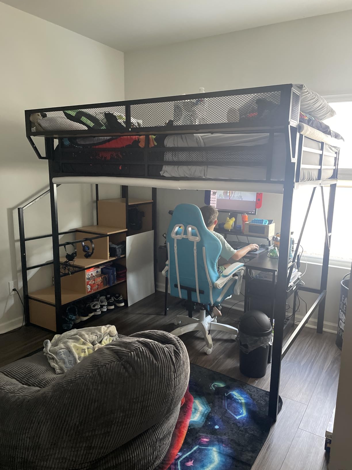 KEIKI Queen Size Metal Loft Bed Frame with Staircase & Built-in Desk & Wardrobe, Loft Bed with Pegboard & Mesh Storage Baskets & Slats, No Box Spring Required, Easy Assembly, for Bedroom, Black customer photo 1