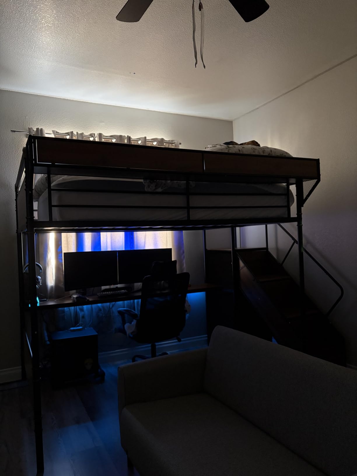 KEIKI Queen Size Metal Loft Bed Frame with Staircase & Built-in Desk & Wardrobe, Loft Bed with Pegboard & Mesh Storage Baskets & Slats, No Box Spring Required, Easy Assembly, for Bedroom, Black customer photo 2