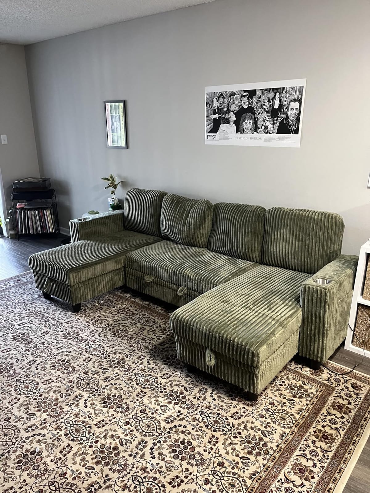 LINSY HOME Sectional Sleeper Sofa Couch with Storage Chaise & USB Charging, Plush Corduroy Convertible Pullout Sofa Bed, Modular Sectional Couches for Living Room Bedroom (Green, 81'' L-Shaped Sofa) customer photo 2