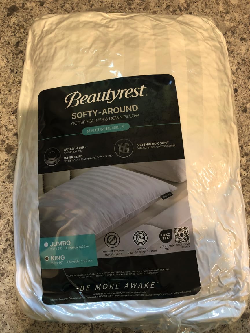 Beautyrest Luxury Feather and Down Pillows King Size Set of 2 | 500 Thread Count Damask Stripe Cotton Cover Hotel Collection for Back, Stomach or Side Sleepers, 20