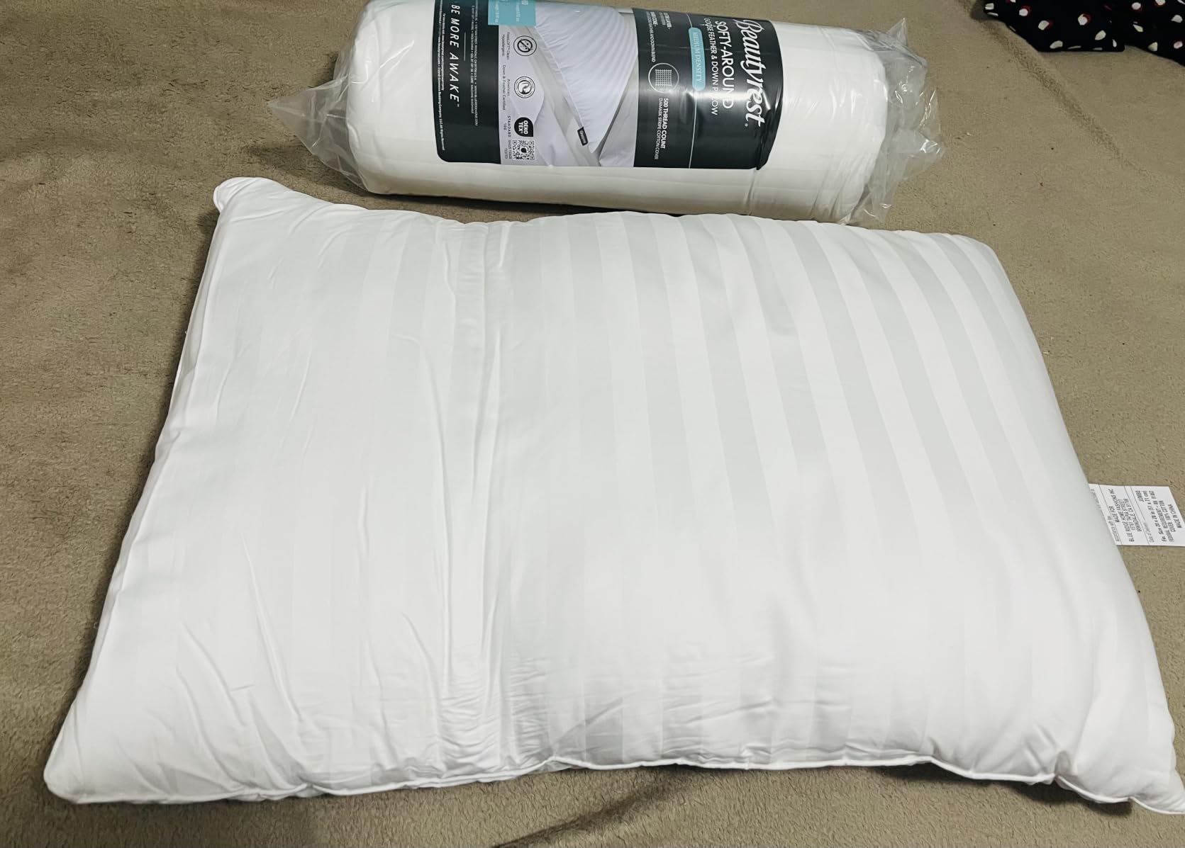 Beautyrest Luxury Feather and Down Pillows King Size Set of 2 | 500 Thread Count Damask Stripe Cotton Cover Hotel Collection for Back, Stomach or Side Sleepers, 20