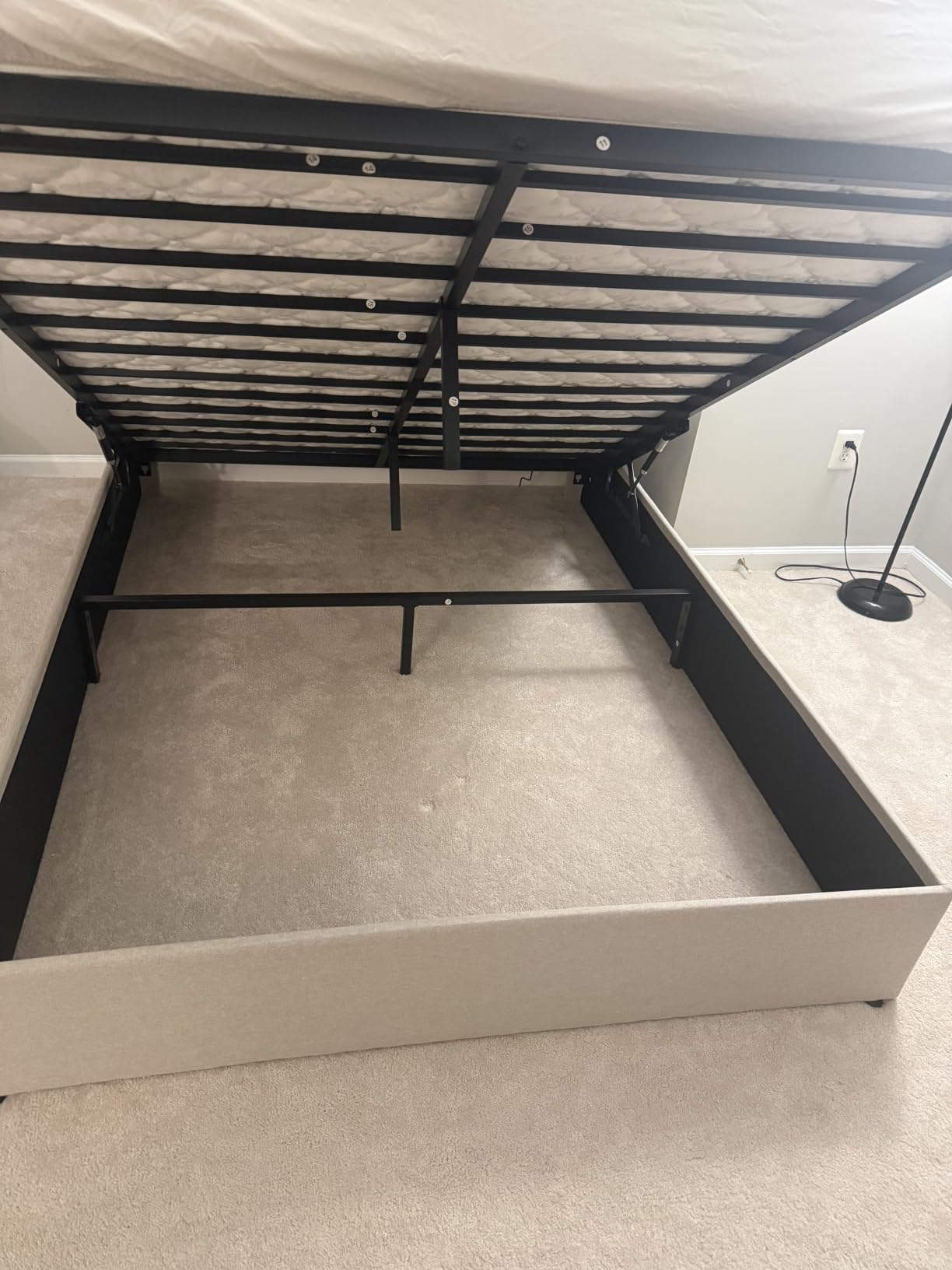 King Bed Frame with Hydraulic Gas Lift Up Storage, Linen Upholstered | Beige Platform Bed with Wingback Soft Headboard, Heavy Duty Metal Slats, 1000LBS Capacity, Noise Free, No Box Spring Needed customer photo 2