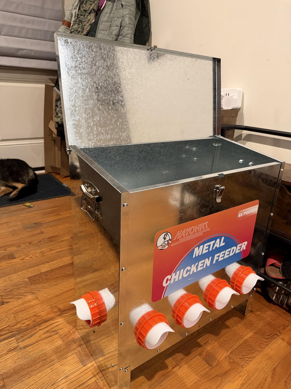 HAYOHRT 85-120LBS Capacity Chicken Feeder No Waste 10-Ports Automatic Large Poultry Feeder with Latch & Handle for Chickens Bantams Pheasants Poultry Coop Weatherproof customer photo 2